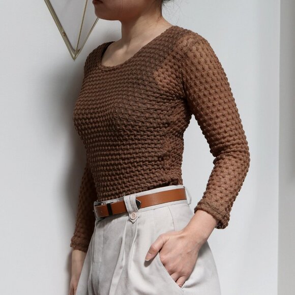 Vintage 90's Olive Green Lace Top, 3/4 Sleeve Thin Sweater, Sheer See Through - Picture 1 of 7